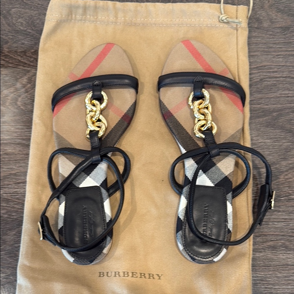 Burberry Black and Gold Chain Strap Sandals